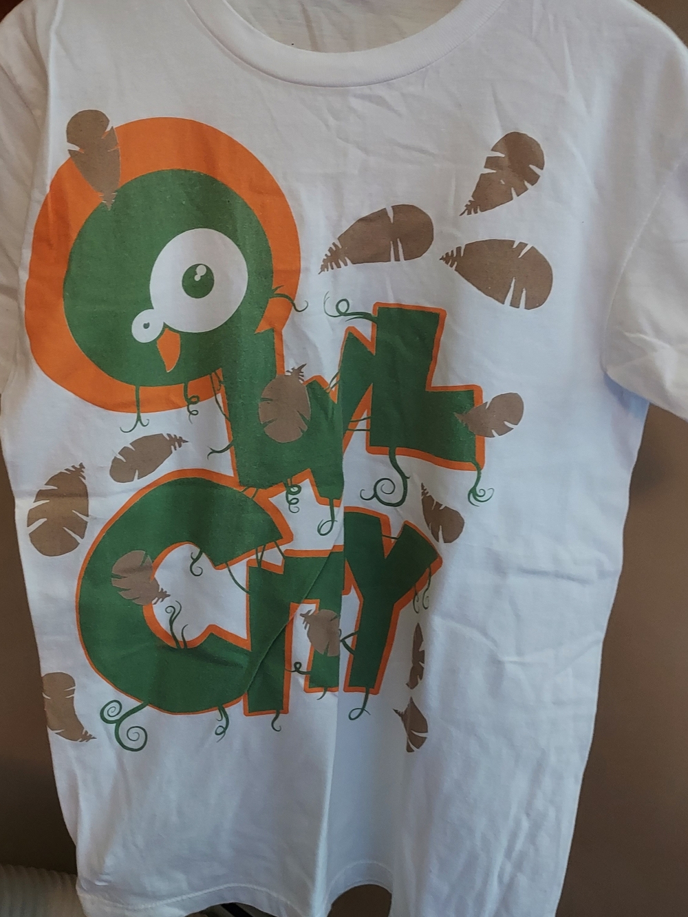 Owl City Band White Graphic Tee with Green & Orange Bird Design